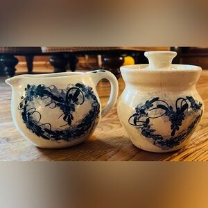 Paul Storie Pottery Pitcher Creamer Sugar Bowl Blue Marshall, Vintage, ‘92